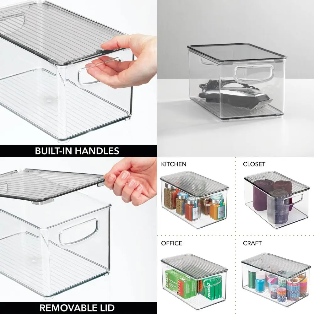 

Stylish Plastic Storage Boxes with Lids and Handles, 4-Pack, Clear/Smoke Gray, Ideal for Bathroom Makeup and Toiletries Organiza