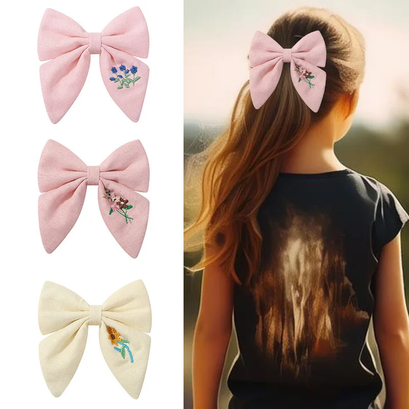 

28 шт./лот, 3,9 "цветочная вышивка, хлопковая льняная ткань, заколки для волос с бантом для детей, заколки с матросским бантом для девочек, заколки