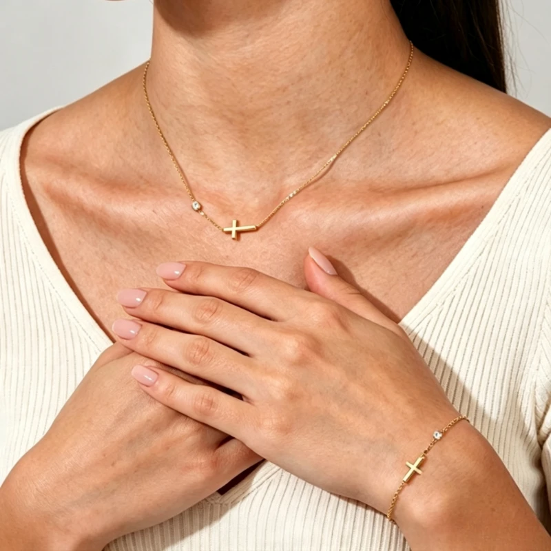 Light Luxury Cross Set Necklace+bracelet Combination Star Bead Embellishment Stainless Steel Durable Worn on Multiple Occasions