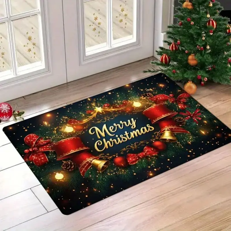 VIKAMA Merry Christmas Door Mat Dark Blue Bell Non Slip Welcome Floor Rug For Entryway Front Door Porch Xmas Home Decor