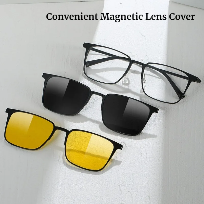 

New Titanium Alloy Magnetic Clip-On Polarized Sunglasses Men Prescription Glasses Frame Driving Anti Glare Night Vision Goggles