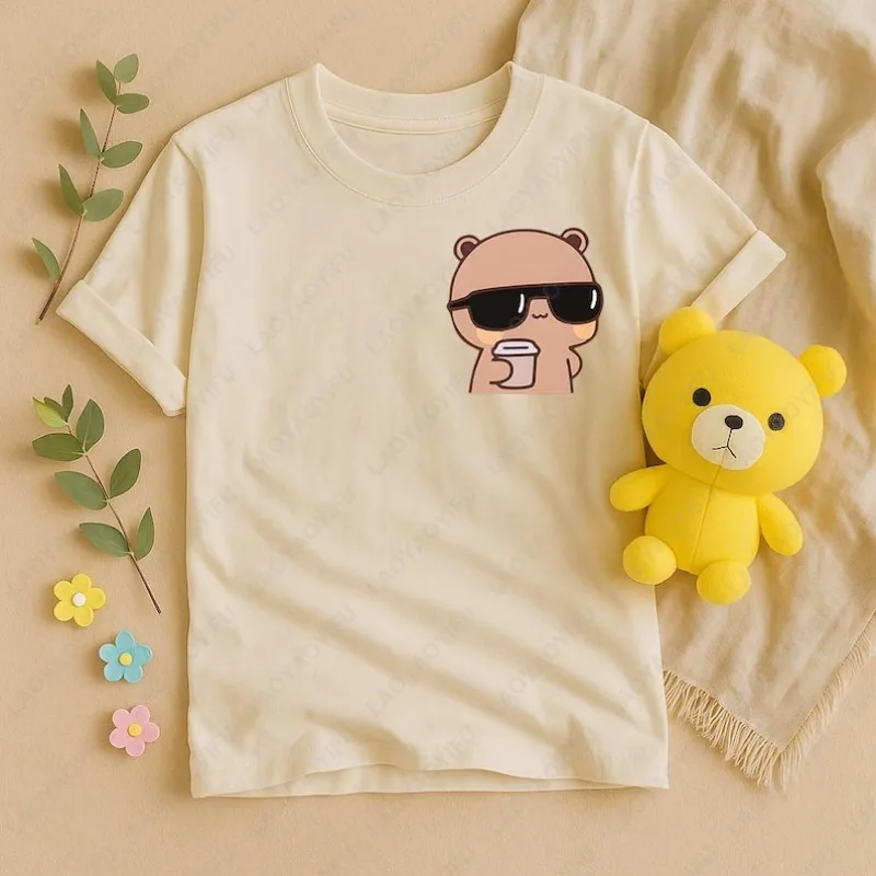 Bubu Dudu Bear Shirt Matching Couple Outfit Coffee Lover Unisex Adult Cotton Tee Wedding Couple Valentines Gift Cute Casual Tops