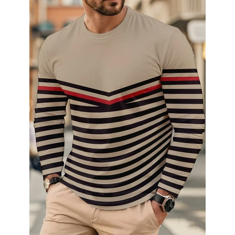 

Simple Stripes Print Men's T Shirts Fashion Long Sleeve Tops Casual O-neck Loose Pullover Spring and Autumn Comfortable Clothing
