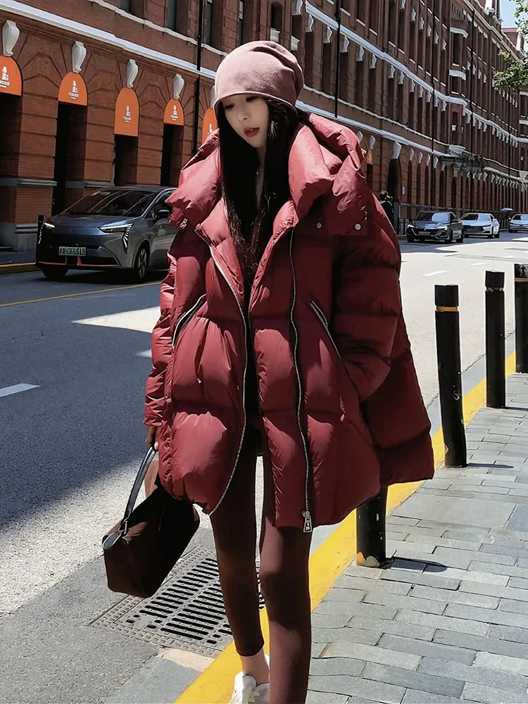 

Faionable Red down Jaet Women's Mid-Length White Du down Outerwear Casual Loose Fit Zipper Closure Hooded Coat