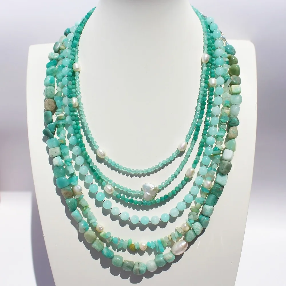 

Spring and Summer New Style Mambo Mint Green Natural Stone Beaded Necklace Freshwater Pearl Aquamarine Elegant Clavicle Chain