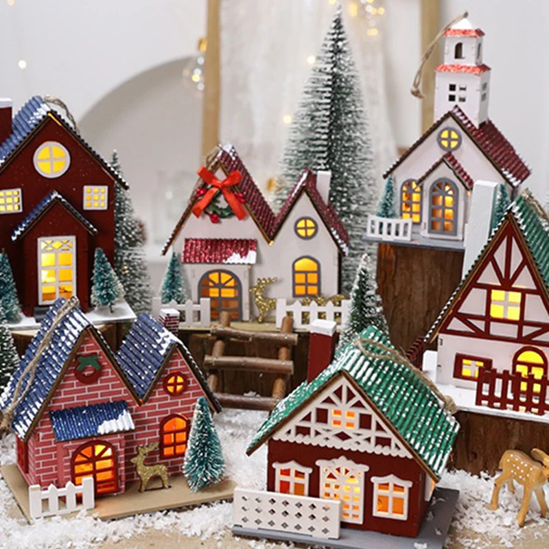 [G332] LED Wooden Christmas House Miniature Winter Village Snowy Building Figurine Table Ornament Holiday Party Decor