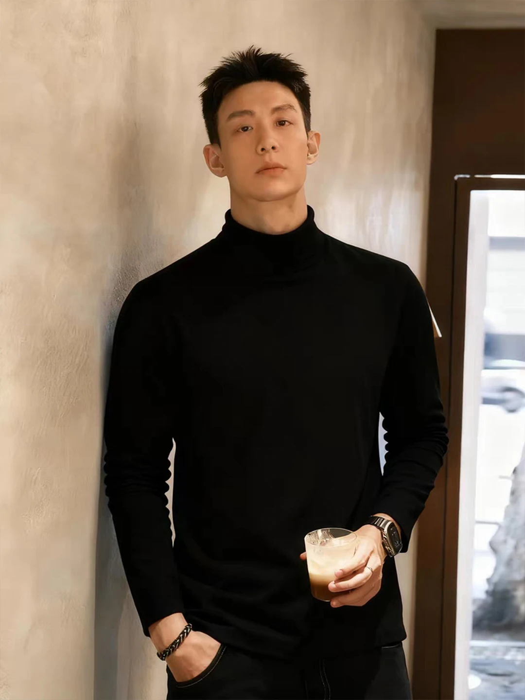 

Bla Men's Base irt Dervo Sle f High Collar Fce Lined No Hat Mature And Stable Autumn Winter Slim Fit Knitwear