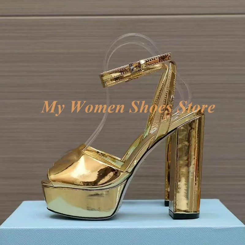 Zapatos de tacón de plataforma dorados con tacón de bloque, punta abierta, correa con hebilla en el tobillo, estilo pasarela, colección Primavera Verano 2026, zapatos de vestir para mujer, color blanco rosado sólido, hechos a mano.