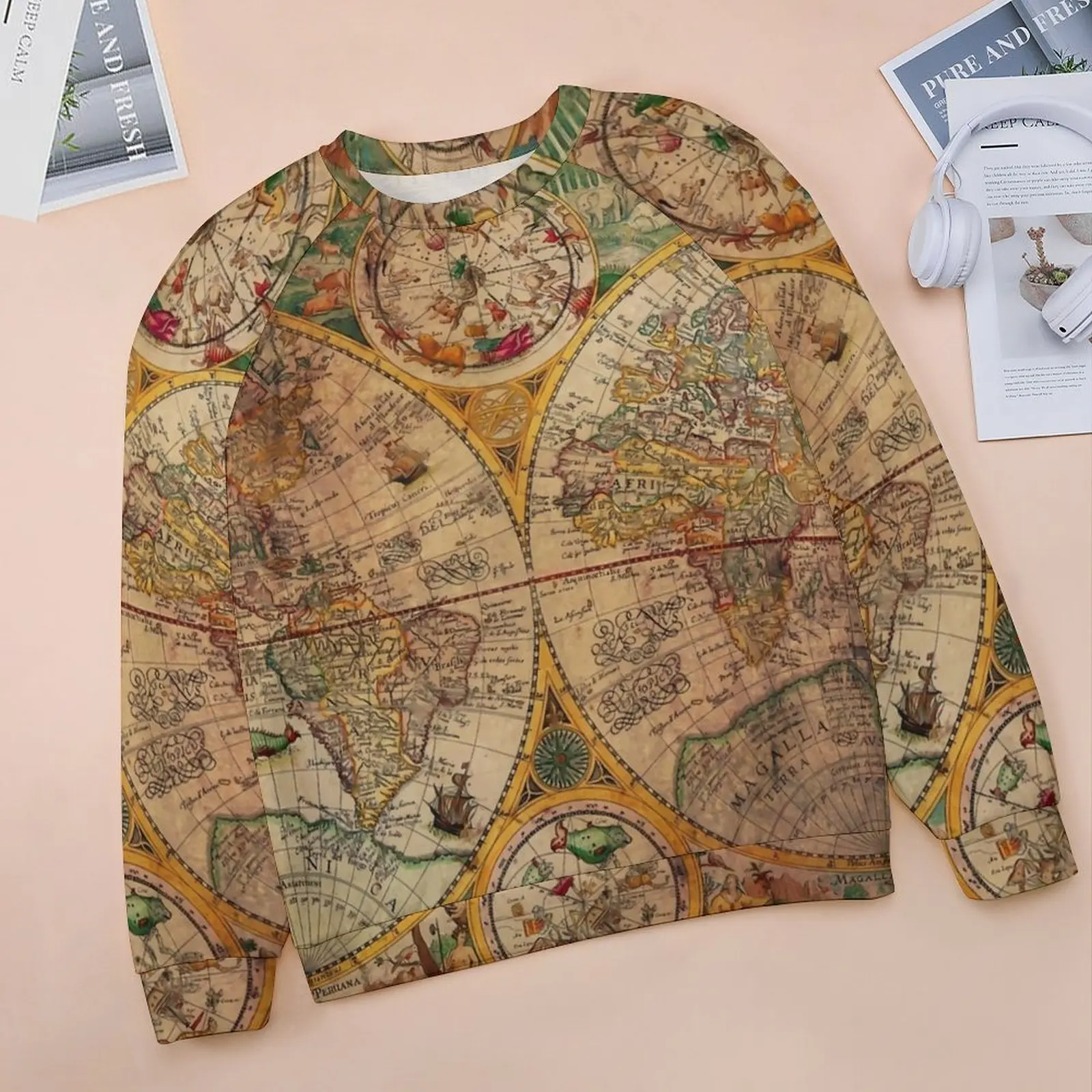 Old World Map Globe Casual Hoodies Winter Vintage Map Pretty Hoodie Long-Sleeve Oversize Hip Hop Design Sweatshirts