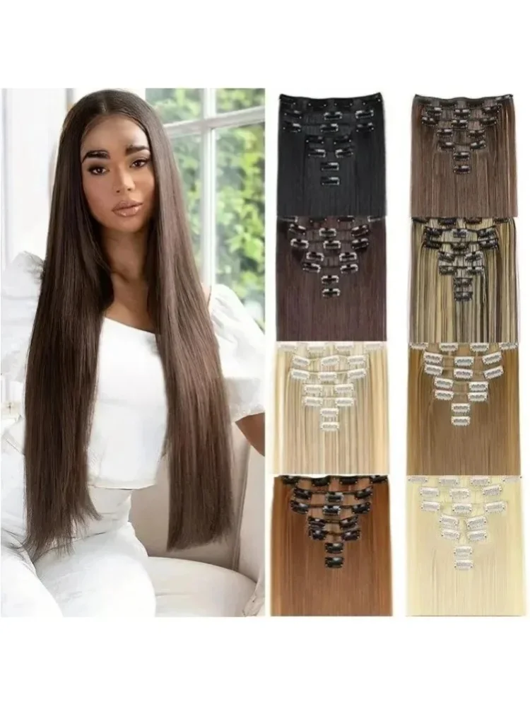 2026 24 Zoll Synthetische 7-teilige Haarverlängerung, lange glatte Haarsträhnen mit 16 Clips, Frisur Schwarz Blond Haarteil für Damen