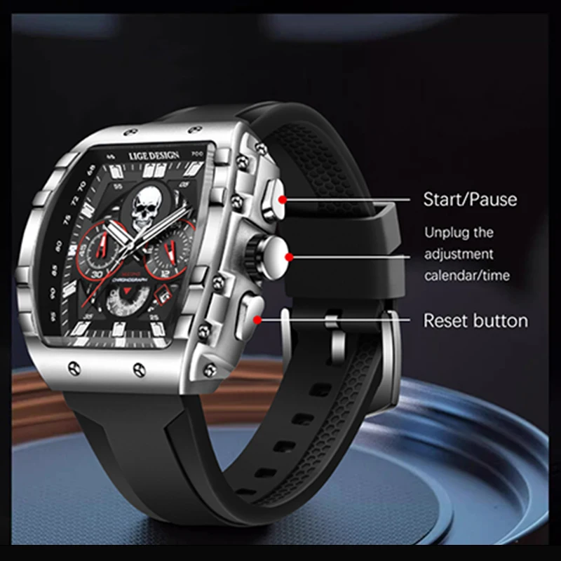 Lichte Horloge Schedel Stijl Mannen Horloge Siliconen Lichtgevende Quartz Horloges Militaire Waterdichte Auto Datum Chronograaf Skelet Reloj Hombre