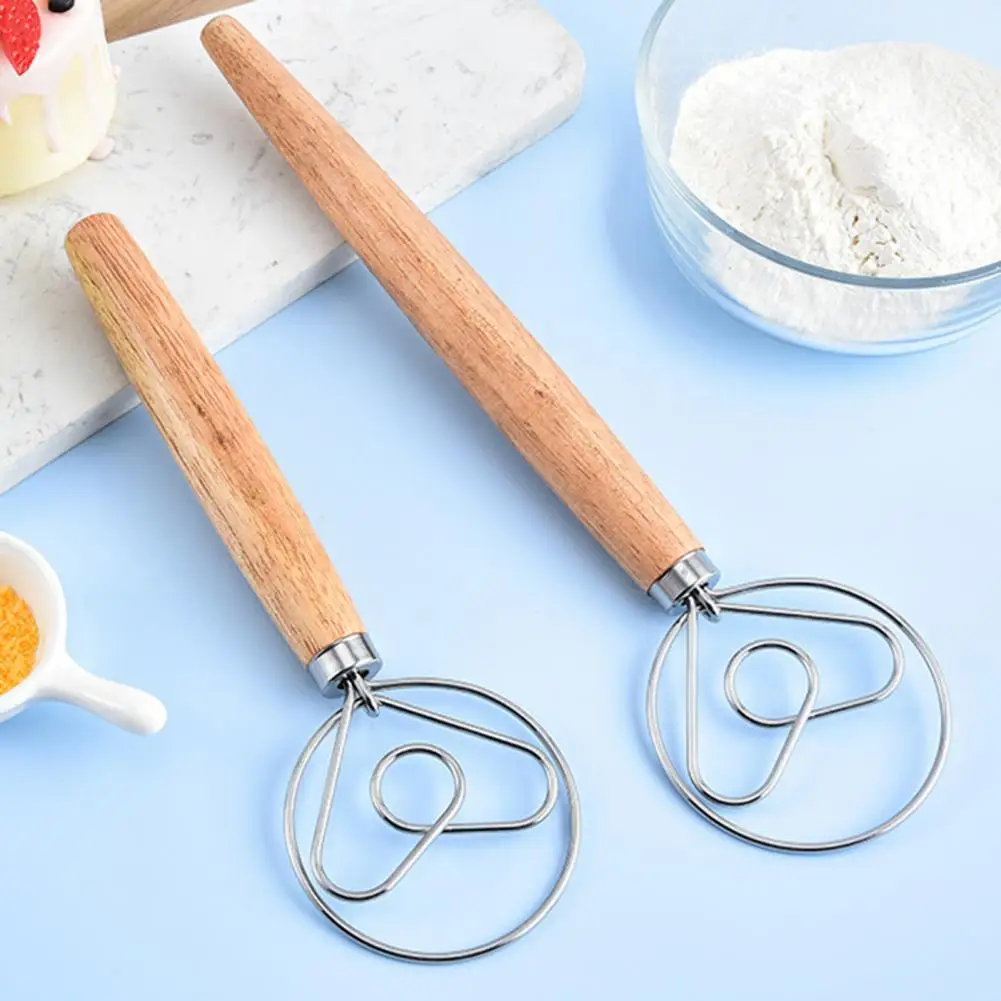 Wooden Handle Bread Mixer Stainless Steel Dough Whisk Set with Wooden Handles for Home Kitchen Bread Making Dutch for Sourdough