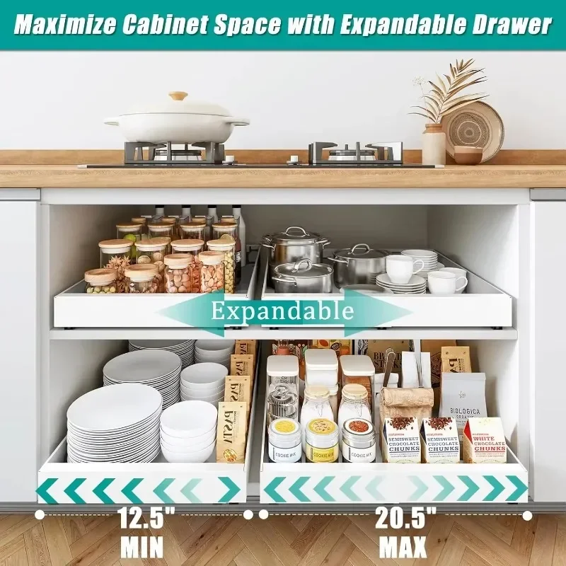 

Pull Out Cabinet Organizer Expandable , Adhesive Slide Out Cabinet Drawer Peel Stick Pull Out Shelf Adjustable for Kitchen