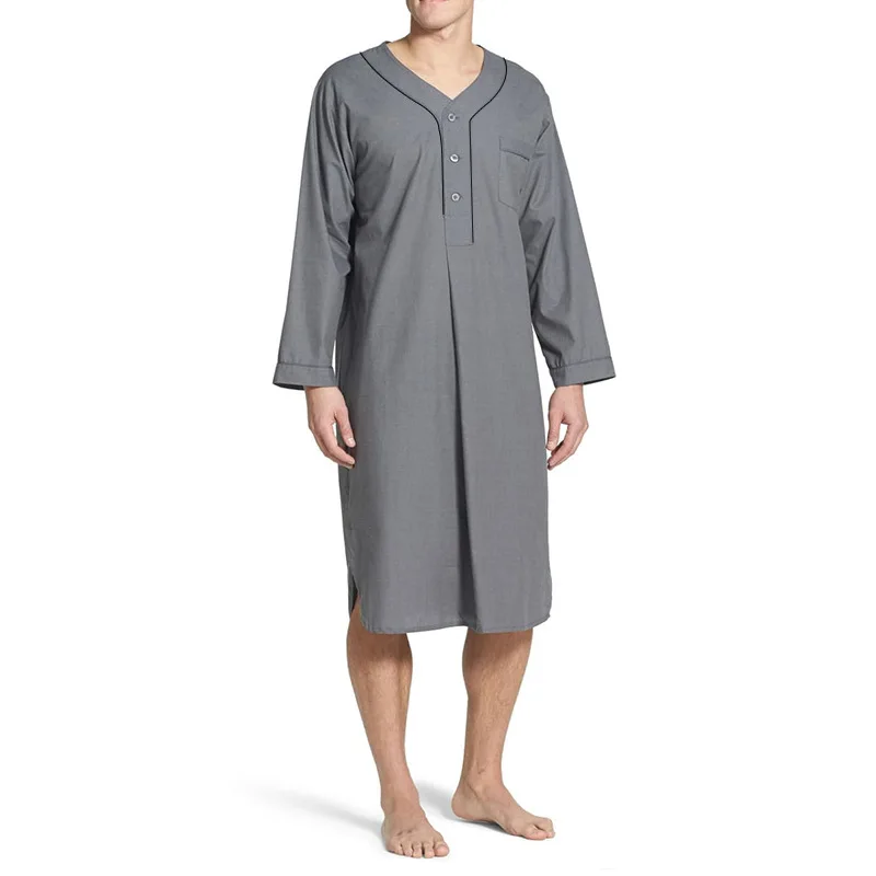 Men's Long Sleeve V-neck Pajamas Lounge Homewear Loose Solid Color Pajamas Nightgown Male Nightshirts Sleepwear Plus Size S-3XL