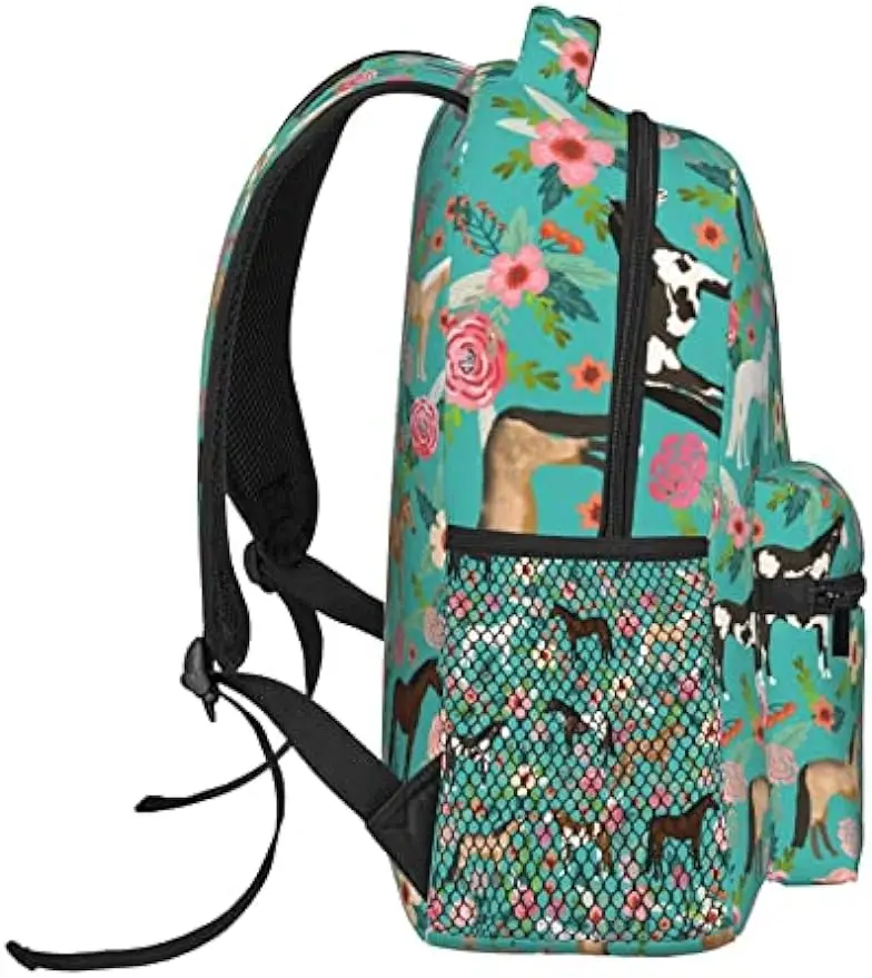 Horses Floral Horse Breeds Farm Animal Pets Flowers Pattern Backpack for Women Boys Teens School Backpacks Students Bookbag