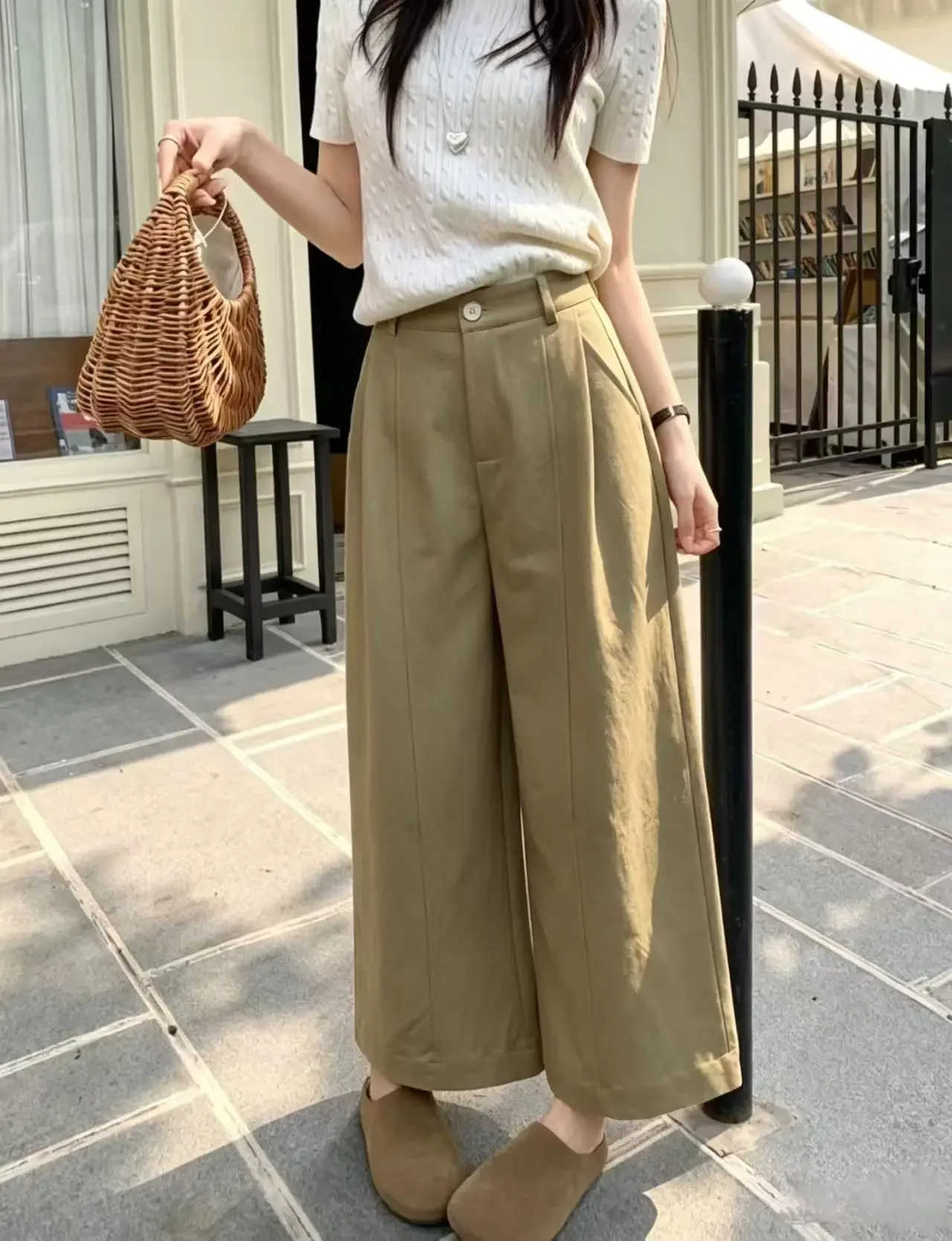 Hochwertige, lockere, vielseitige Damenhose in Khaki, koreanischer Stil, hohe Taille, gerades Bein, lässige, weit geschnittene, vielseitige Hose – Detail 1