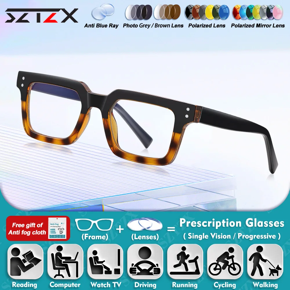 

SZTZX Business Square Design Myopia Hyperopia Reading Glasses Men Small Frame Anti Blue Ray Progressive Prescription Eyeglasses