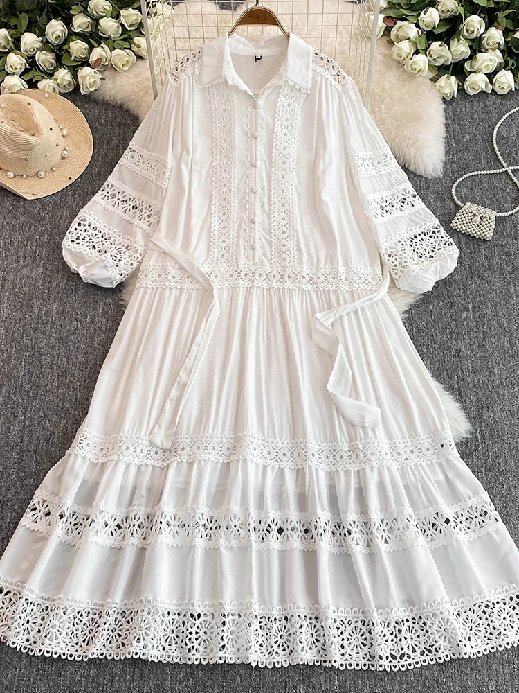 Summer Autumn Lace Embroidery Wedding Evening White Dress Shirt Women Sexy Hollow Out Long Sleeve Midi Vestidos Party Robe