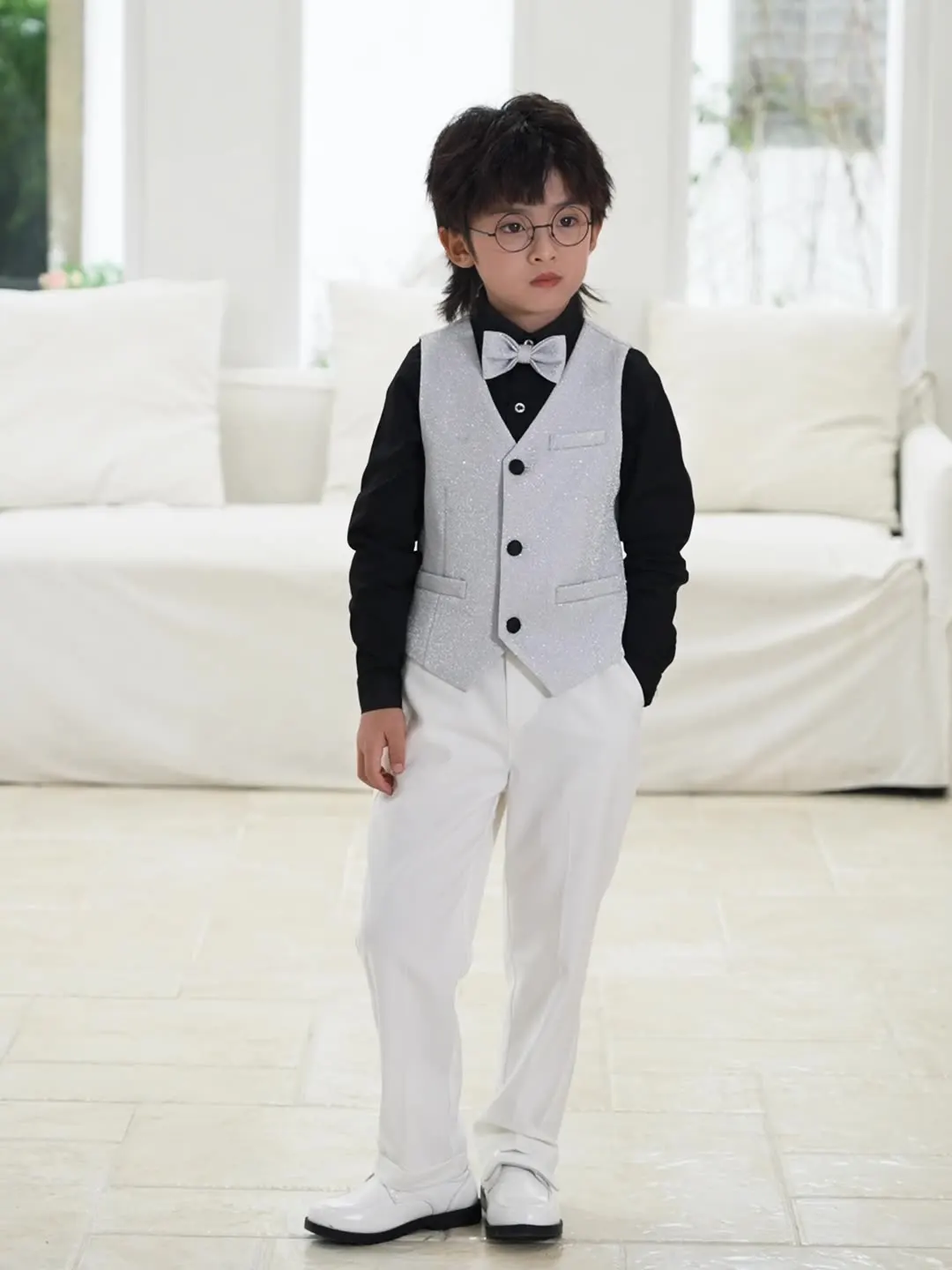 Glitter Double-Breasted 4-Piece Boys Suits Set High-Quality Kids Wedding Guest Outfit Handsome Tuxedo Host Costumes