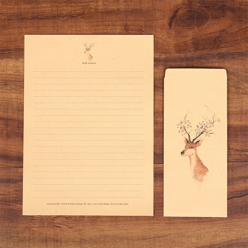 10 ซอง, หัวจดหมาย 10 แผ่น, เส้นแนวนอน, ซองจดหมายย้อนยุค, ชุดกระดาษคราฟท์กวาง