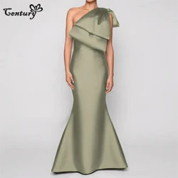 Sage Green Prom Dress Mermaid Big Bow One Shoulder Sweep Train Satin Evening Party Gowns Formal Dresses  Customized