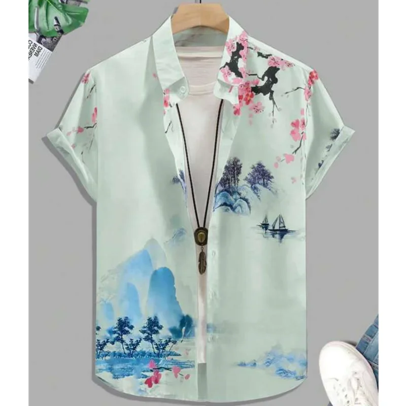 Men Chinese Ink Wash Landscape Plum Blossom Print Short Sleeve Shirt Loose Button Up Summer Beach Vacation Casual Tops