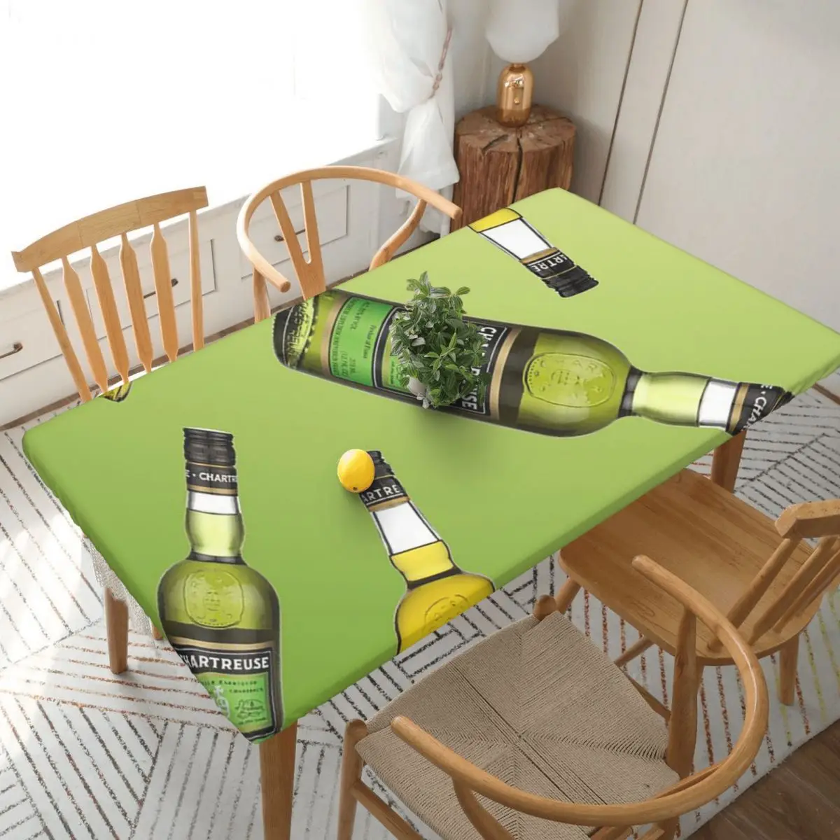 Green Chartreuse Bottle Oil Painting Drink Custom Rectangular Tablecloth Waterproof Table Cover for Dining Events Table Cloth