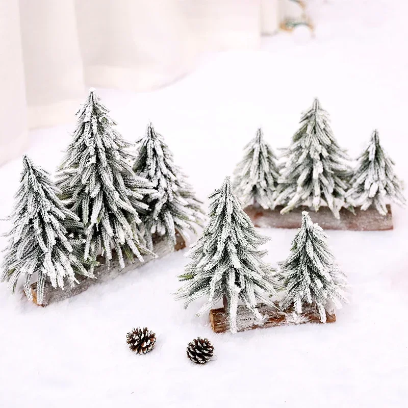 3pc Tabletop Snow Mini Christmas Artificial Tree with Wooden Bases Snow Miniature Pine Xmas Tree Perfect for Home Table Decor