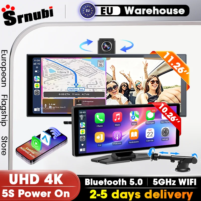 Dash Cam 10.26/11.26'' 4K DVR Wireless con CarPlay e Android Auto, Navigazione GPS, Registratore Video HD, WIFI 5G, Bluetooth, FM, AUX