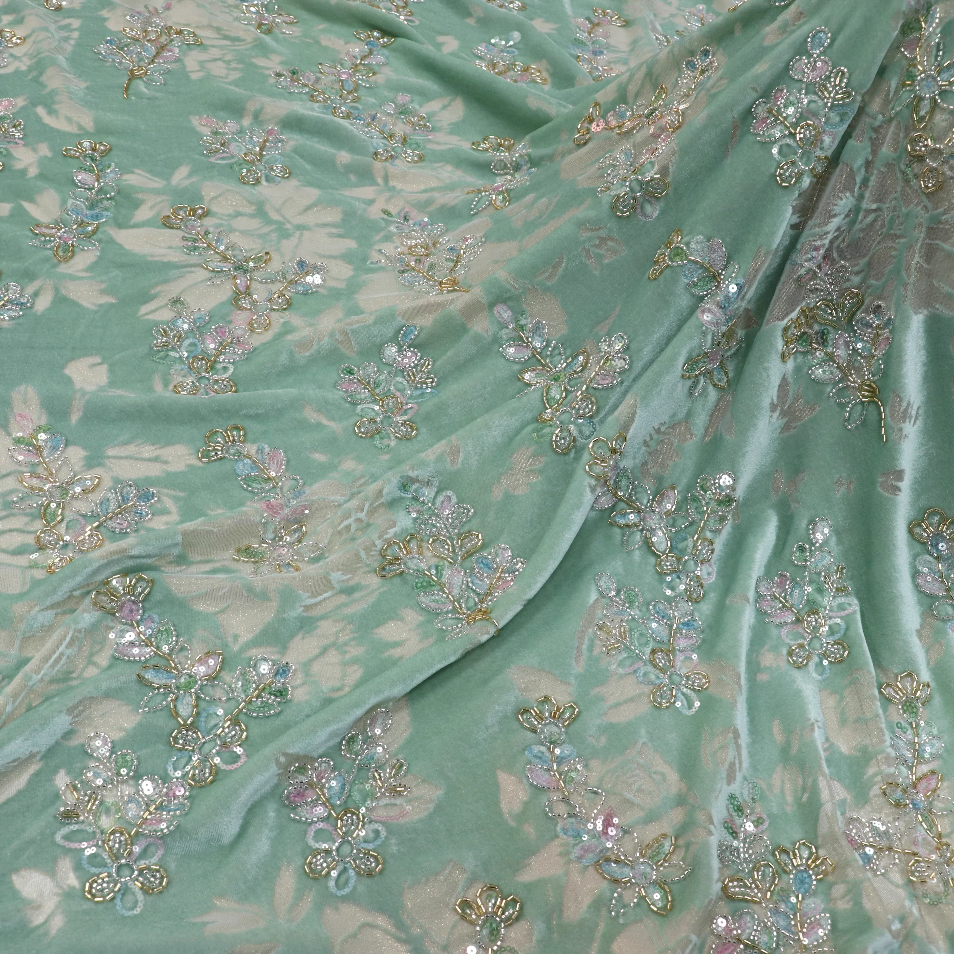 Pink & Light Green Woven Velvet Fabric with 3D Floral Embroidery, Gold Beads & Sequin Accents for Women's Dresses & DIY Sewing