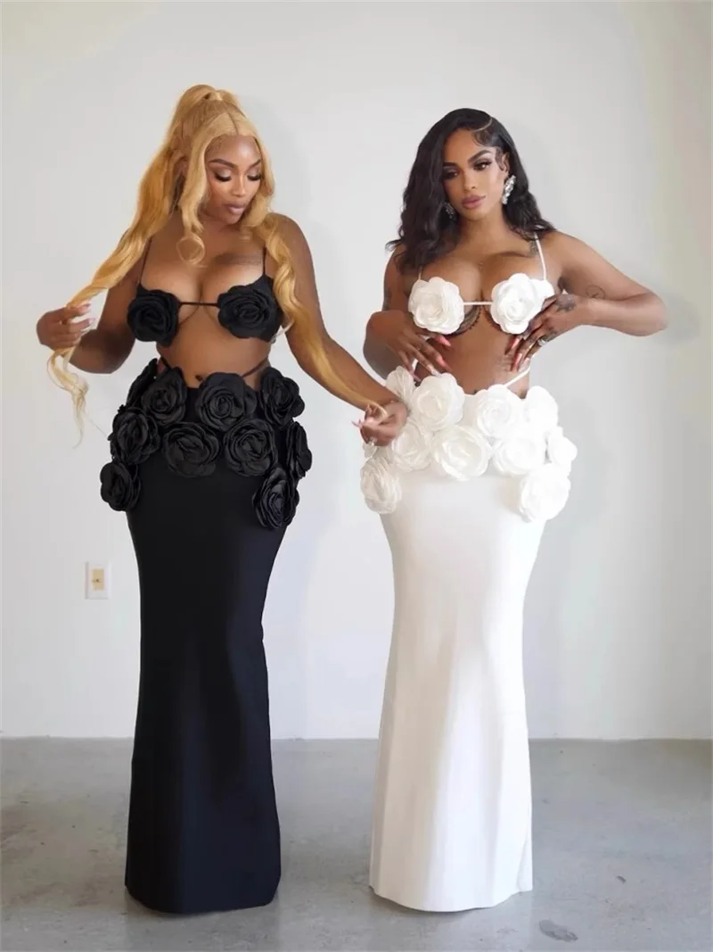 

Sexy Women's Prom Dress 2 Pieces Skirt Set Top Bra+Robe Sleeveless 3D Flower Bandage Formal Casual Holiday Slim Long Party Gown