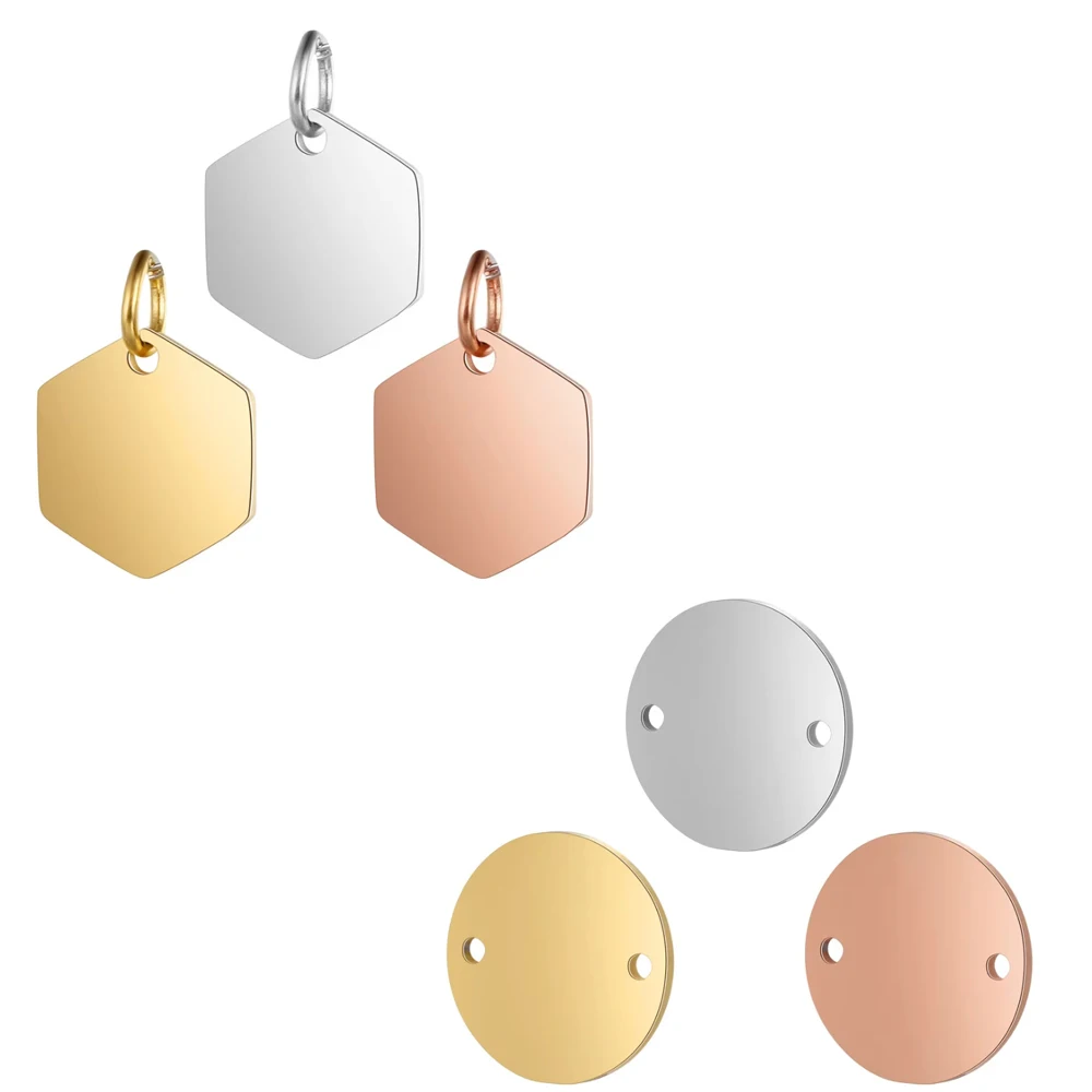 Lot de 5 pendentifs hexagonaux vierges en acier inoxydable, breloques rondes à deux trous, connecteurs pour la fabrication de bijoux DIY
