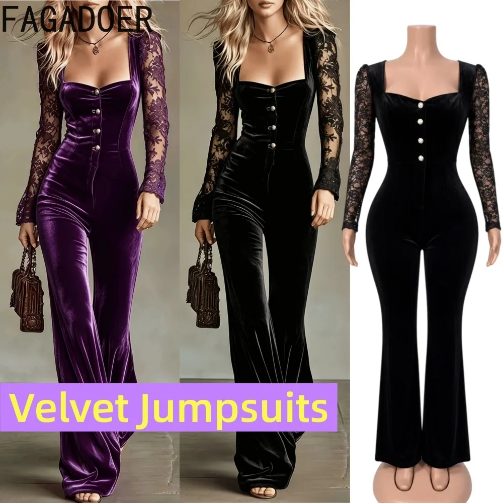 FAGADOER Luxury Velvet Jumpsuit for Women Studded Collar Zip Front Long Sleeve Ruched Waist Wide Leg Elegant Night Out Party We