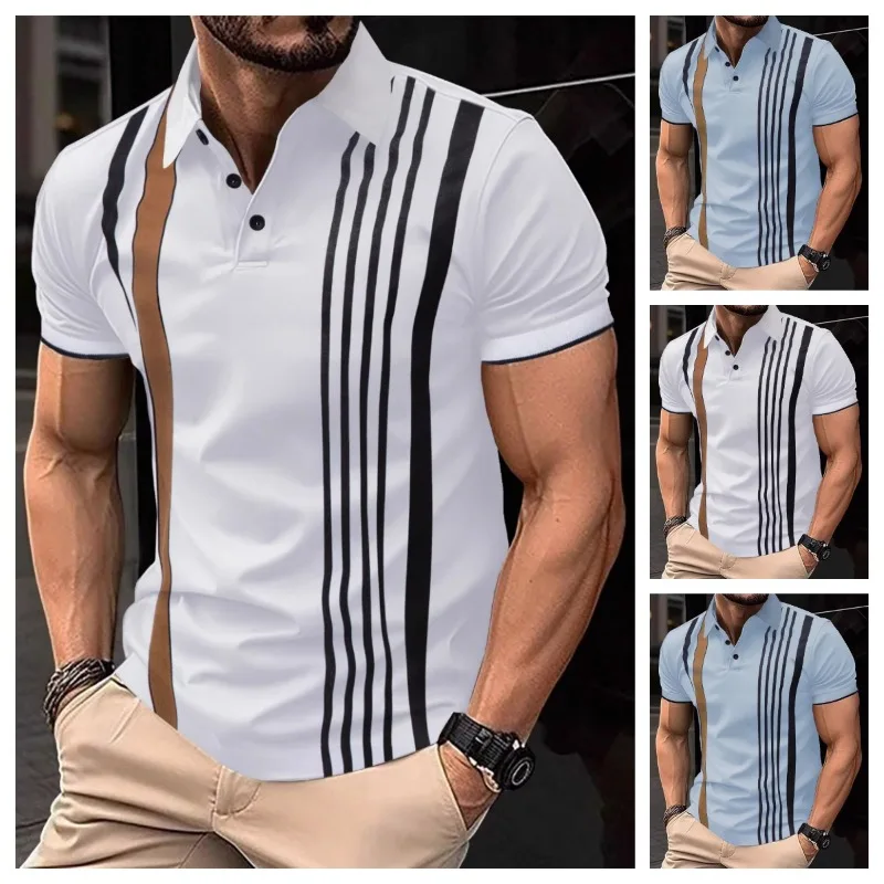 

British Style Striped Print Short Sleeve T-shirt Men Fashion Slim Fit Casual Collar Polo Shirts Business Social Basic Base Shirt