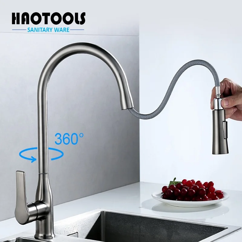 

Gun Gray Pull-out Kitchen Cold And Hot Faucet Vegetable Basin Sink Telescopic Stainless Steel Wire Drawing Large Bend