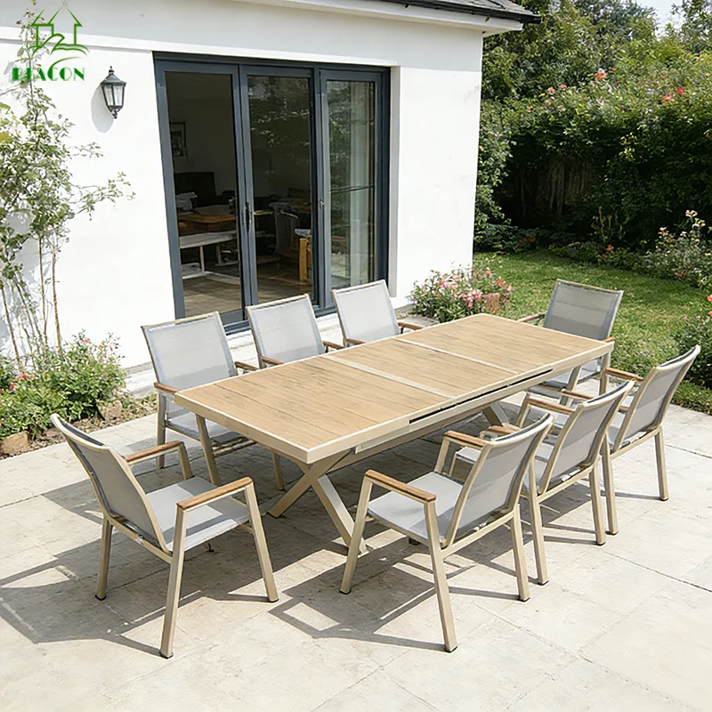 #Patio Garden Furniture Aluminium Modern Waterproof Extendable 8 Seater Retractable Outdoor Dining Table Set for Patio