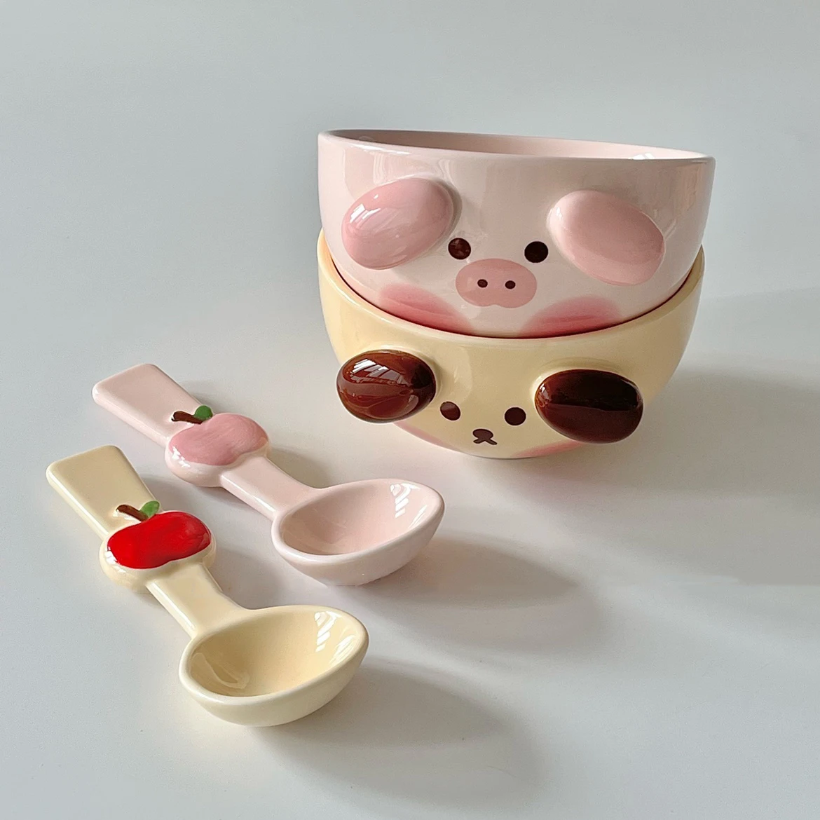 Cartoon Ceramic Bowl Sets Relief Pig Dog Small Rice Bowls With Matching Spoon 5Inches Household Breakfast Oats Bowl Couple