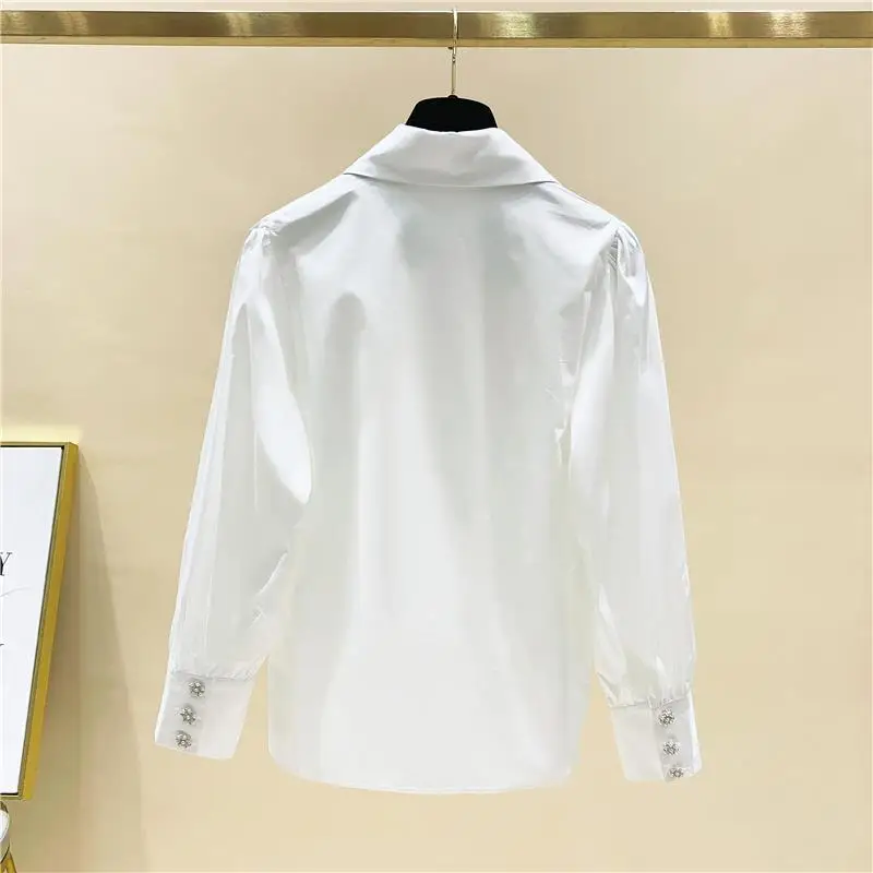 Luxury Embroidered Flares Diamonds Doll Collar Women Spring New Loose Lapel Collar Long Sleeved Solid Color Comfortable Shirt