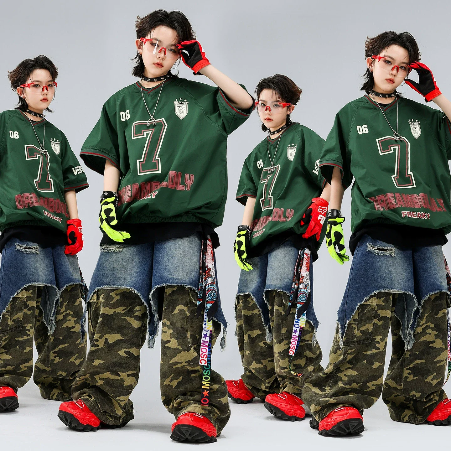 Children Streetwear Hip Hop Boy Girl Short Sleeve T Shirt Denim Pant Kids T-shirt Wide Leg Jeans Sets Stage Clothes Costume
