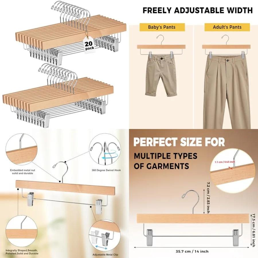 

Wooden Pants Hangers - -Pack Swivel Hook Cloth Hanger Set - Lotus Wood Skirt, Pant, Shorts and Slack Hangers with Adjustable Cl