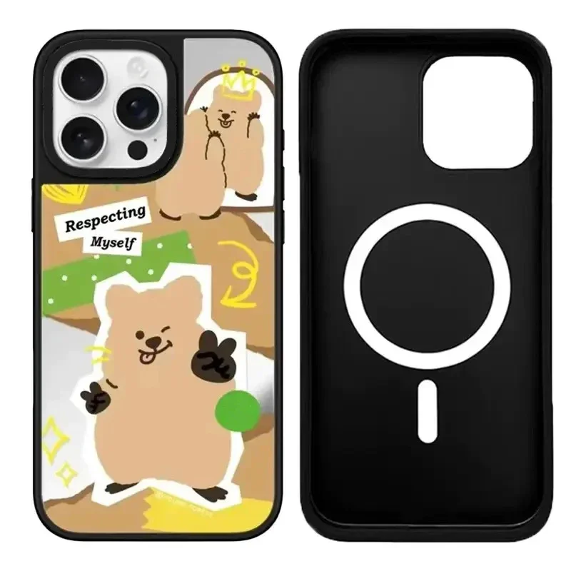 

Cartoon Bear Capybara iPhone 11 12 13 14 15 16 Pro Max Mirror Surface MagSafe Case Cover Shell