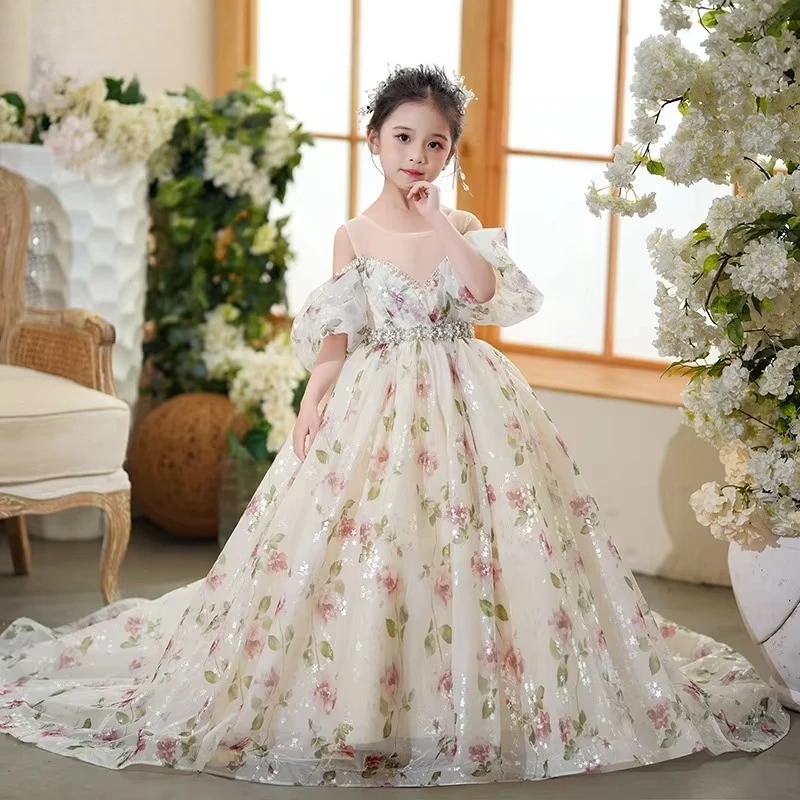 

Flower Girl Floral Long Dress Vintage Formal Kids Evening Bridesmade Prom Clothes Children Dresses Ball Gown for Wedding Party
