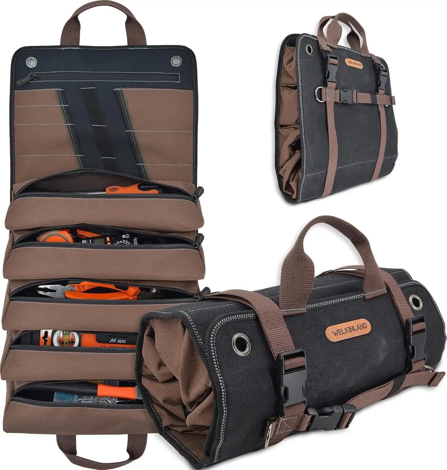 

WELKINLAND Heavy-Duty Waxed CanvasTool roll, 15-Pockets Toolroll, 15L Toolroll bags, Toolbag roll, Tool roll bag,Tool roll