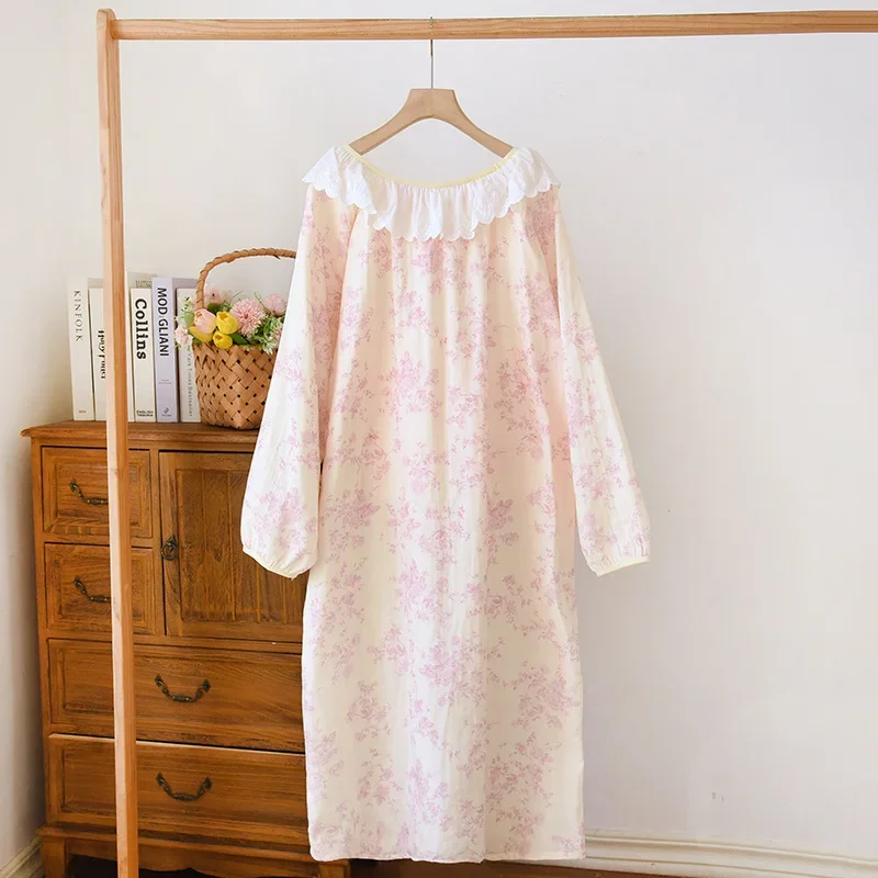 2025 Spring/Summer New Women's Sleeping Skirt 100% Cotton Long Sleeve Skirt Sweet and Cute Medium Length Dress Sleepwear Women