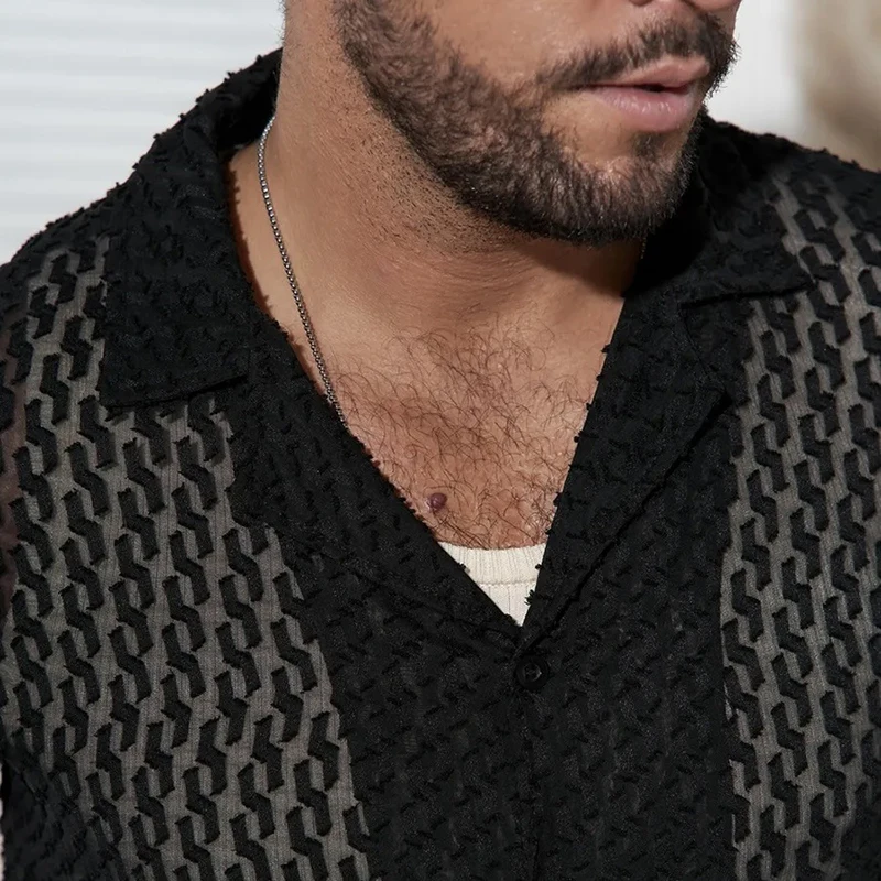 Fashionable Daily Leisure Mens Cardigan 2026 Summer Breathable Solid Color Hollow Out Summer Knitted Loose Short Sleeve Shirt
