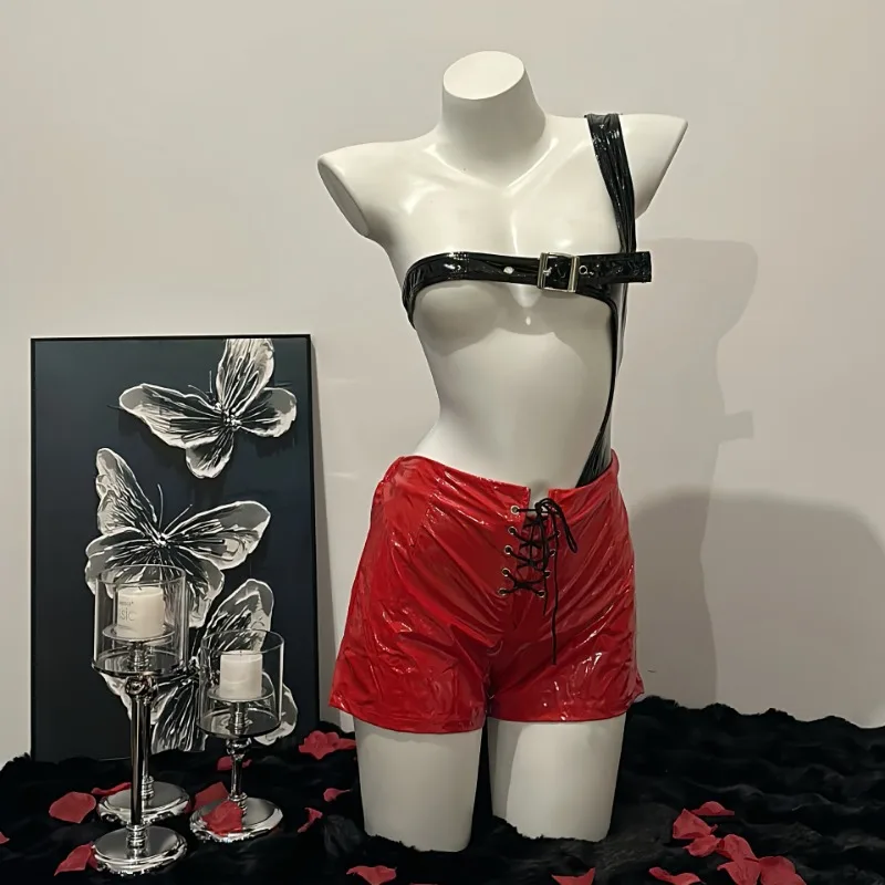 

Womens PU Leather Sleeveless Hollow Three-Point Top with Patent Leather Red Shorts Sexy Gothic Party Night Club Outfit Cosplay