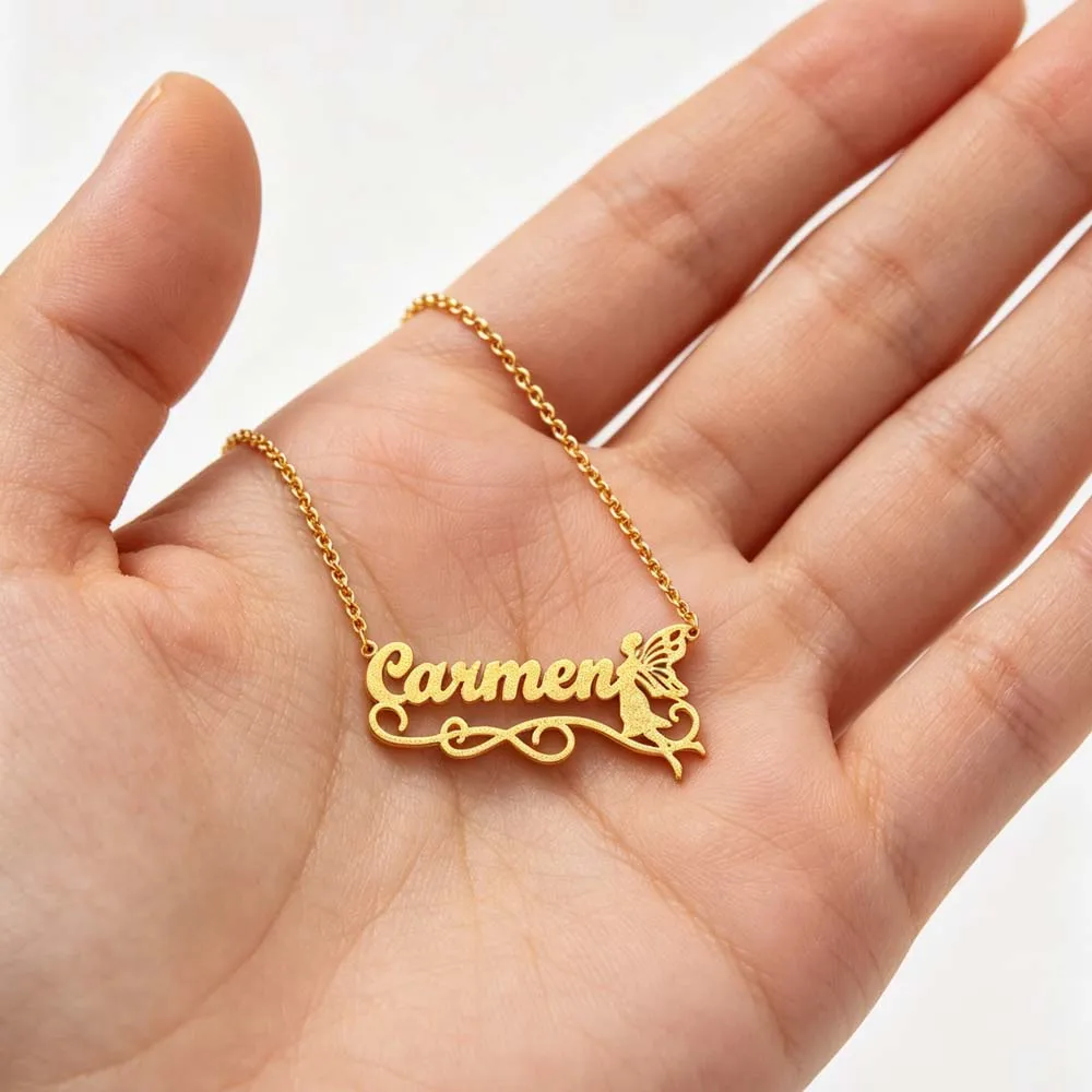 Bling Fairy Angel Wing Glitter Sand Necklace Personalized Name Custom Gift For Men Woman Mother Chain Stainless Steel Jewelry
