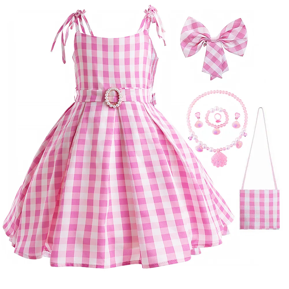 Girls Pink Princess Dress Set Gingham Party Dress with Purse Jewelry Accessories Birthday Tea Party Outfit for Kids 3-10Y