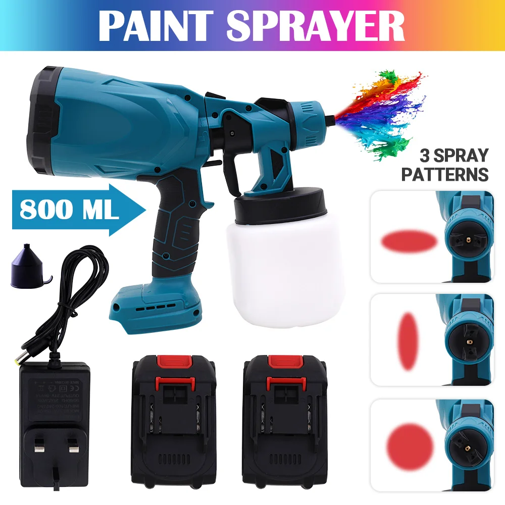 21V Cordless HVLP Paint Sprayer Gun High Pressure 600W Electric Airless 3 Patterns 30000rpm 2x2000mAh Batteries For Home Paintin