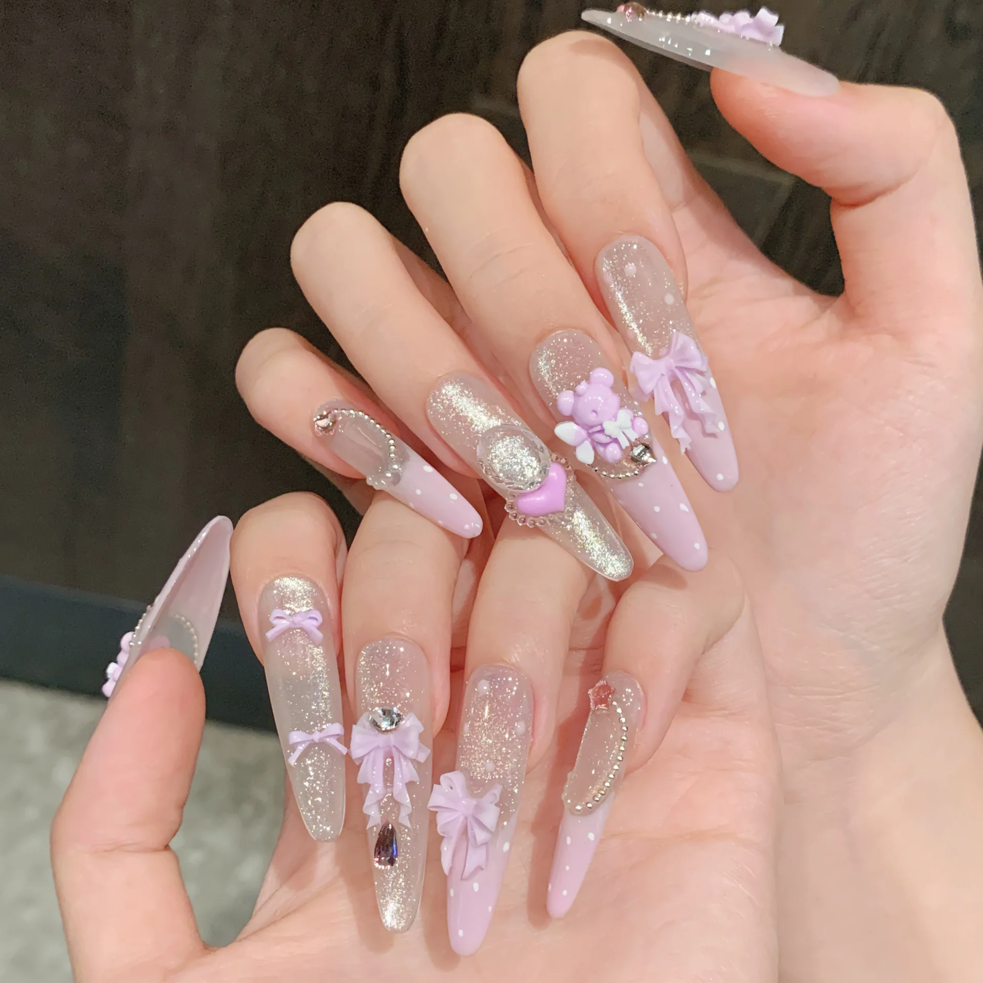 10Pcs Ballet Bear Purple Lace Bow Press On Nails Elegant Handmade False Nails with Butterfly Design With 4-PIECE Tools Nail Tabs